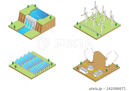 水力発電・風力発電・太陽光発電・地熱発電セット 再生可能エネルギー施設のアイソメトリックイラスト 水力発電・風力発電・太陽光発電・地熱発電セット 再生可能エネルギー施設のアイソメトリックイラスト 142086671
