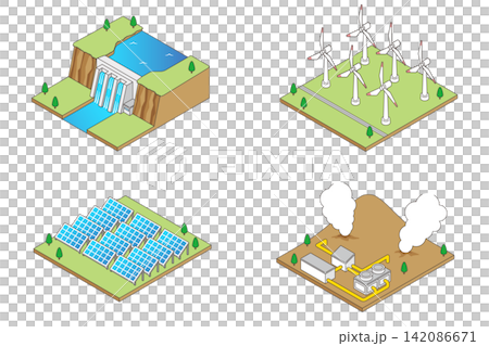 水力発電・風力発電・太陽光発電・地熱発電セット 再生可能エネルギー施設のアイソメトリックイラスト 水力発電・風力発電・太陽光発電・地熱発電セット 再生可能エネルギー施設のアイソメトリックイラスト 142086671