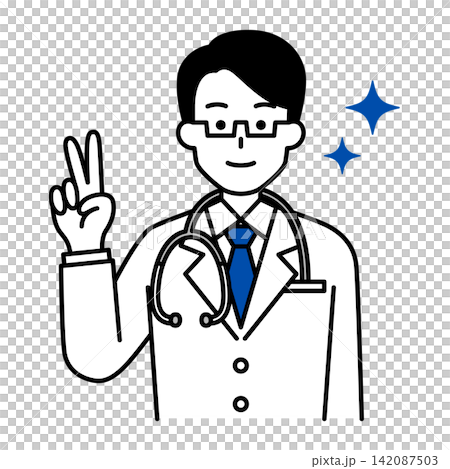A male doctor making a peace sign A male doctor making a peace sign 142087503