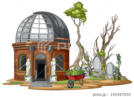 Abandoned Mausoleum with Overgrown Cemetery and Glass Dome Roof Abandoned Mausoleum with Overgrown Cemetery and Glass Dome Roof 142087650