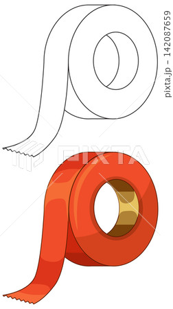 Red Adhesive Tape Roll and Black and White Line Art Illustration 142087659