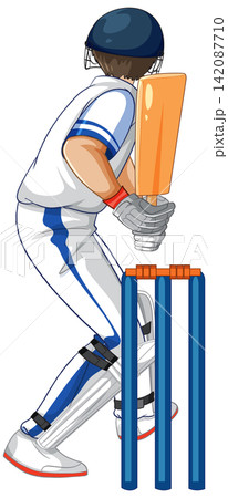 Cricket Batsman in Stance Guarding Wicket on White Background Cricket Batsman in Stance Guarding Wicket on White Background 142087710
