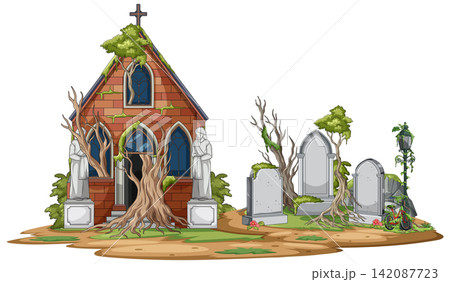 Abandoned Chapel Cemetery Overgrown With Trees And Ivy 142087723
