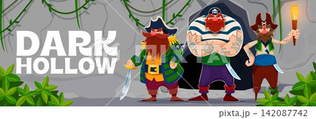 Cartoon angry pirate characters near treasures cave with torch lanterns. Caribbean pirates crew of captain and corsair sailor with sword blades at cave hollow in search of treasure on island Cartoon angry pirate characters near treasures cave with torch lanterns. Caribbean pirates crew of captain and corsair sailor with sword blades at cave hollow in search of treasure on island 142087742