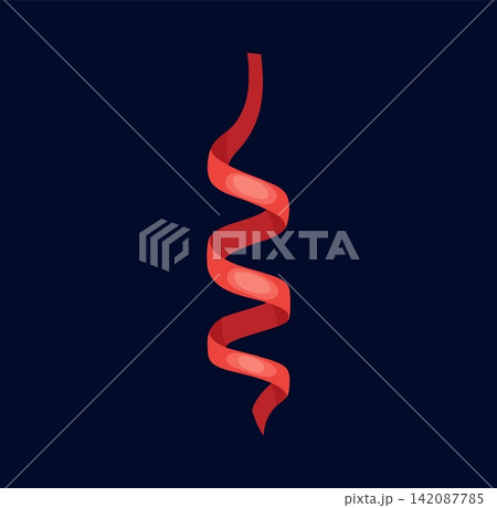 Christmas red curly streamer ribbon holiday decoration. Cartoon long spiral twist flowing smoothly. Falling festive confetti. Isolated shiny and glossy serpentine element for New Year celebration Christmas red curly streamer ribbon holiday decoration. Cartoon long spiral twist flowing smoothly. Falling festive confetti. Isolated shiny and glossy serpentine element for New Year celebration 142087785