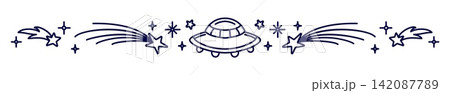 Universe and galaxy space decorative divider, border frame and separator with stars, and spaceship. Horizontal border or cosmic header with flying UFO saucer surrounded by shooting comets and sparkles Universe and galaxy space decorative divider, border frame and separator with stars, and spaceship. Horizontal border or cosmic header with flying UFO saucer surrounded by shooting comets and sparkles 142087789