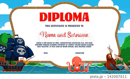 Kids pirate party diploma certificate with smiling octopus, pirate ship with skull sails, sea waves, island and shipwreck. Award recognition achievement frame for celebration of young explorers or fun 142087811