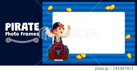 Kids photo frame with funny pirate, treasures chest and golden coins in Caribbean sea waves border. Kids photo frame with boy sailor captain and skipper in corsair bandana sitting on treasure chest 142087911
