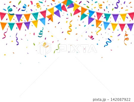 Carnival confetti and flags garland for holiday party background with paper ribbons. Festive banner with carnival confetti or anniversary and fiesta event bg with color streamers and bunting flags Carnival confetti and flags garland for holiday party background with paper ribbons. Festive banner with carnival confetti or anniversary and fiesta event bg with color streamers and bunting flags 142087922