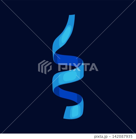 Cartoon Christmas blue streamer ribbon, festive holiday decoration for party celebration, long curly serpentine. Isolated shiny glossy and New Year decor. Bright wavy strip, smooth spiral twist Cartoon Christmas blue streamer ribbon, festive holiday decoration for party celebration, long curly serpentine. Isolated shiny glossy and New Year decor. Bright wavy strip, smooth spiral twist 142087935