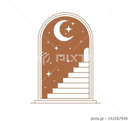 Aesthetic boho window featuring crescent moon and scattered stars above stairs. Surreal scenery art of arched doorway with staircase leading into a starry night sky, symbolizing dream and mystery 142087940