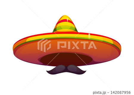 Cartoon Mexican mariachi musician sombrero hat with curled mustache. National charro cap, festive cultural accessory, traditional holiday headwear for fiesta party or Cinco de Mayo holiday celebration 142087956