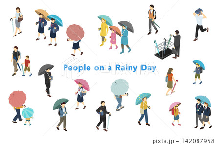 アイソメトリックイラスト:雨の日の人々セット アイソメトリックイラスト:雨の日の人々セット 142087958