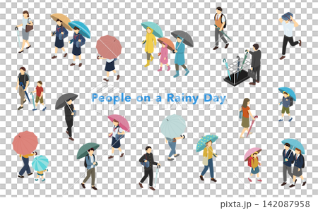 アイソメトリックイラスト:雨の日の人々セット アイソメトリックイラスト:雨の日の人々セット 142087958