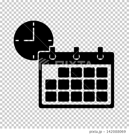 Simple monochrome silhouette icons of a clock and calendar. Simple monochrome silhouette icons of a clock and calendar. 142088069