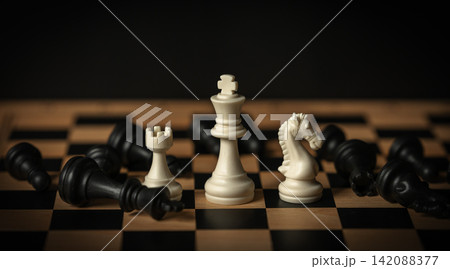 white chess (king, knight, rook) surrounded by fallen black pieces on wooden board white chess (king, knight, rook) surrounded by fallen black pieces on wooden board 142088377