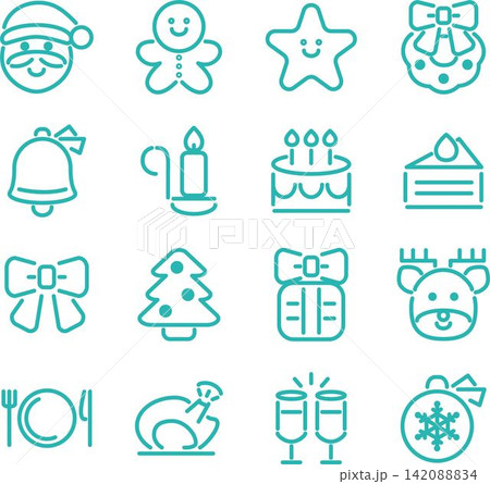 クリスマス　アイコン　ピクトグラム　あしらい　飾り　かわいい　線画　イラスト　デザイン　素材　セット 142088834
