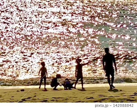 海辺て遊んでいる家族 シルエット 海辺て遊んでいる家族 シルエット 142088842