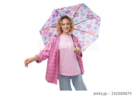 Person with a bright umbrella on a sunny day, isolated on white, PNG 142088874