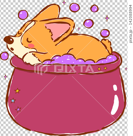 Cute Halloween Corgi in Bubble Cauldron Costume Hand Drawn Whimsical Illustration Cute Halloween Corgi in Bubble Cauldron Costume Hand Drawn Whimsical Illustration 142088994