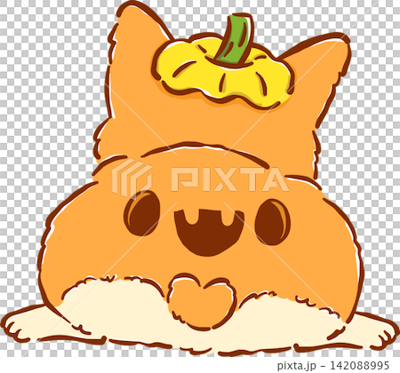 Cute Halloween Corgi Sploot with Pumpkin Hat Hand Drawn Whimsical Illustration Cute Halloween Corgi Sploot with Pumpkin Hat Hand Drawn Whimsical Illustration 142088995