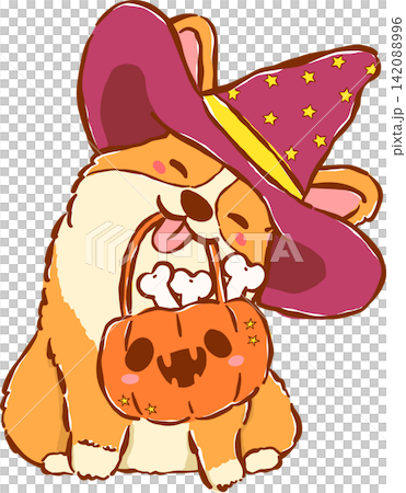 Cute Halloween Corgi Witch with Trick or Treat Basket Hand Drawn Whimsical Illustration Cute Halloween Corgi Witch with Trick or Treat Basket Hand Drawn Whimsical Illustration 142088996