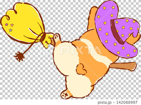 Funny Halloween Corgi  Witch Flying on a Broomstick Hand Drawn Whimsical Illustration 142088997