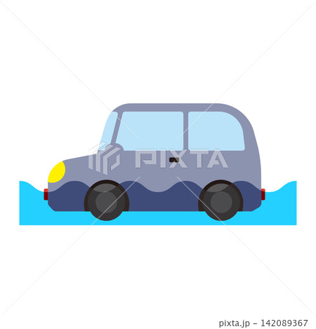 水に浸かるグレーの乗用車のフラットイラスト 水に浸かるグレーの乗用車のフラットイラスト 142089367