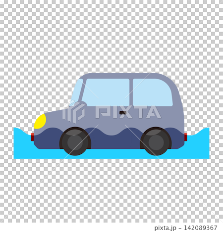 水に浸かるグレーの乗用車のフラットイラスト 水に浸かるグレーの乗用車のフラットイラスト 142089367