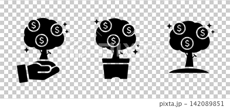 A set of silhouette icons representing asset management using a dollar money tree. A set of silhouette icons representing asset management using a dollar money tree. 142089851