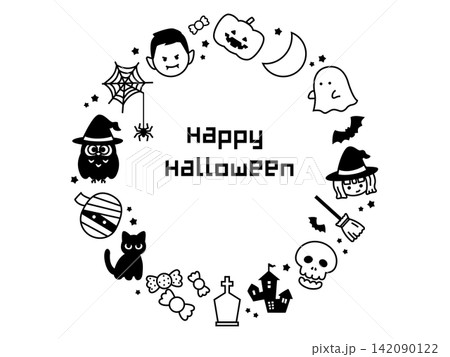 かわいいハロウィンのサークルフレームイラスト、モノクロ 142090122
