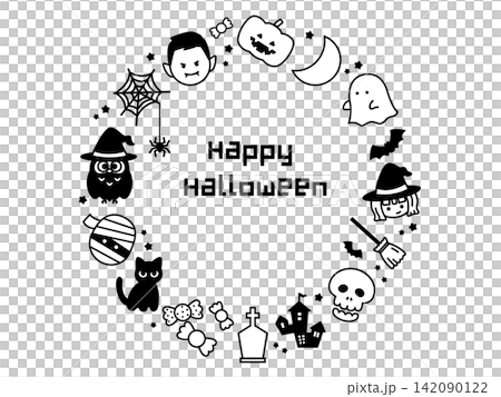 かわいいハロウィンのサークルフレームイラスト、モノクロ 142090122