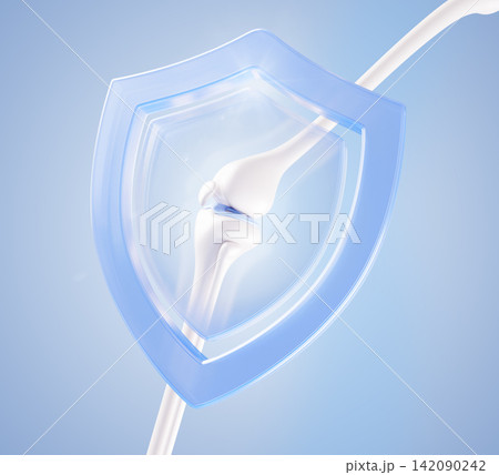 3d anatomical knee joint protect transparent blue glass shield icon for pharmacy vitamin packaging design. Bone health and care, medical support, cartilage protection, active wellness. 3D illustration 142090242