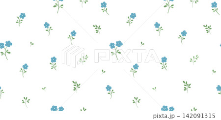 Seamless floral pattern with miniature blue flowers and leaves, small blossom on white background, vector repeating backdrop Seamless floral pattern with miniature blue flowers and leaves, small blossom on white background, vector repeating backdrop 142091315