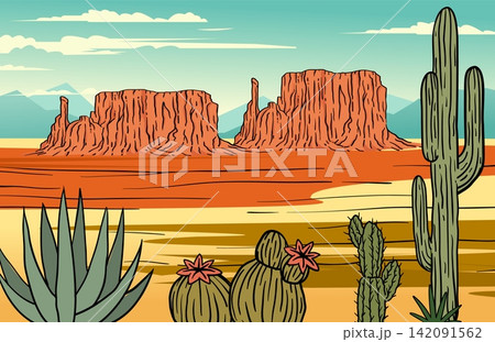 Desert canyon landscape. Stylized sandstone, cactus plants and succulent, clear horizon sky, western nature, travel scenery and outdoor environment. Vector cartoon flat style isolated illustration Desert canyon landscape. Stylized sandstone, cactus plants and succulent, clear horizon sky, western nature, travel scenery and outdoor environment. Vector cartoon flat style isolated illustration 142091562