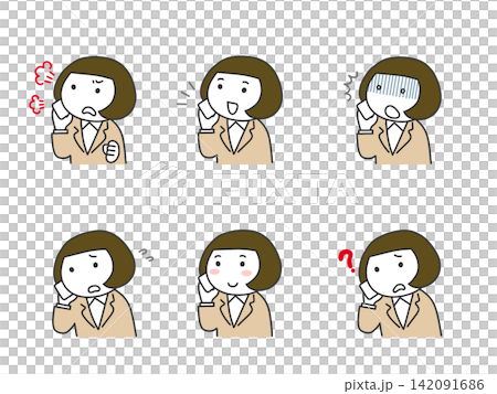 Woman in a suit making a phone call (round face) set Woman in a suit making a phone call (round face) set 142091686