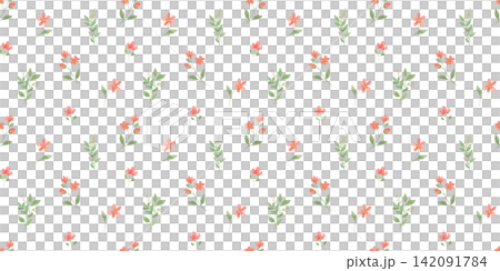 Seamless pattern with tiny red flowers and leaves on white background. Watercolour ditsy print for textiles, wallpaper, and fabric blossom design Seamless pattern with tiny red flowers and leaves on white background. Watercolour ditsy print for textiles, wallpaper, and fabric blossom design 142091784