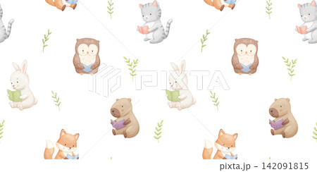 Seamless pattern with cute animals with books. Childish cartoon reading characters, set for kids. Watercolour isolated illustrations on white background Seamless pattern with cute animals with books. Childish cartoon reading characters, set for kids. Watercolour isolated illustrations on white background 142091815