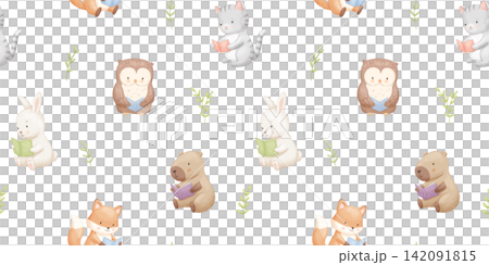 Seamless pattern with cute animals with books. Childish cartoon reading characters, set for kids. Watercolour isolated illustrations on white background Seamless pattern with cute animals with books. Childish cartoon reading characters, set for kids. Watercolour isolated illustrations on white background 142091815