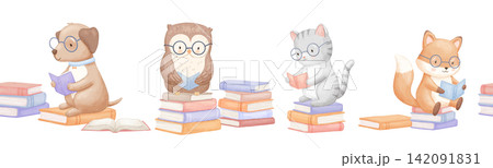 Seamless border with cute animals with books, watercolour illustrations for baby design, reading cat and dog. Hand drawn childish illustrations on isolated background Seamless border with cute animals with books, watercolour illustrations for baby design, reading cat and dog. Hand drawn childish illustrations on isolated background 142091831