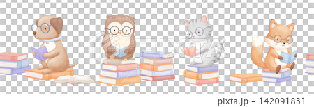 Seamless border with cute animals with books, watercolour illustrations for baby design, reading cat and dog. Hand drawn childish illustrations on isolated background Seamless border with cute animals with books, watercolour illustrations for baby design, reading cat and dog. Hand drawn childish illustrations on isolated background 142091831