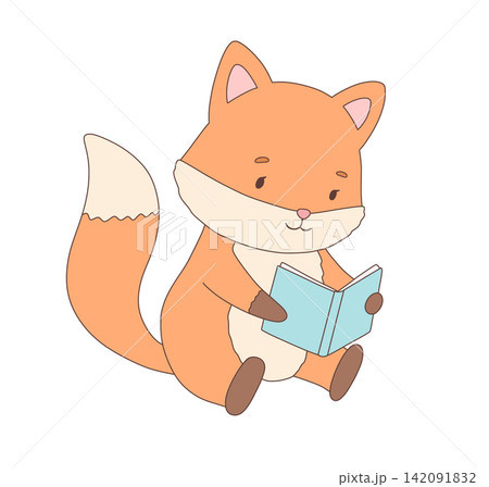 Cute cartoon fox sitting and reading a book. Woodland animal character. Kids vector illustration isolated on white background 142091832