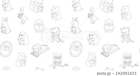 Seamless pattern with cute outline animals with books. Childish cartoon reading characters, line drawings set for kids. Vector isolated monochrome illustrations on white background 142091833