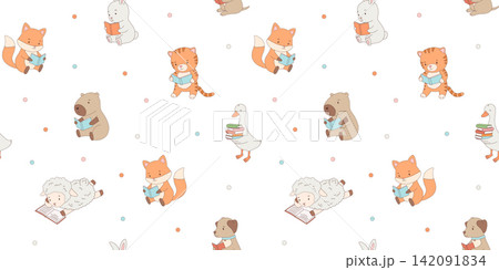 Seamless pattern with cute animals with books. Childish cartoon reading characters, set for kids. Vector isolated illustrations on white background Seamless pattern with cute animals with books. Childish cartoon reading characters, set for kids. Vector isolated illustrations on white background 142091834