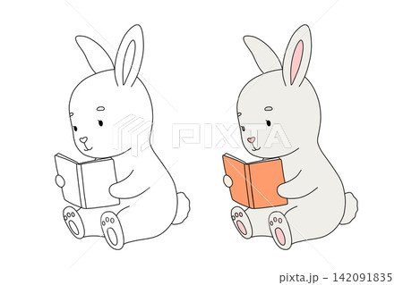 Cute bunny animal reading book, cartoon character rabbit for kids. Vector isolated outline illustration for colouring page 142091835