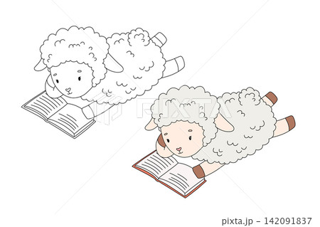Cute sheep farm animal reading book, cartoon character for kids. Vector isolated outline illustration for colouring page Cute sheep farm animal reading book, cartoon character for kids. Vector isolated outline illustration for colouring page 142091837