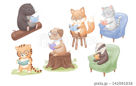 Cute animals with glasses is sitting and reading book on chair, grass, armchair and tree stump. Watercolour illustration isolated on white background 142091838