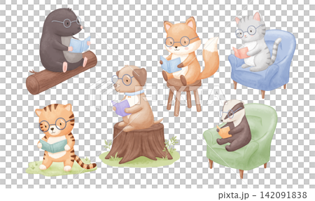 Cute animals with glasses is sitting and reading book on chair, grass, armchair and tree stump. Watercolour illustration isolated on white background 142091838