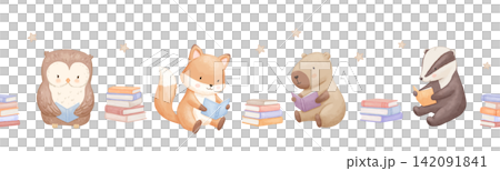 Seamless border with cute animals, watercolour illustrations for baby design, books stack, reading badger and capybara. Hand drawn childish illustrations on isolated background 142091841