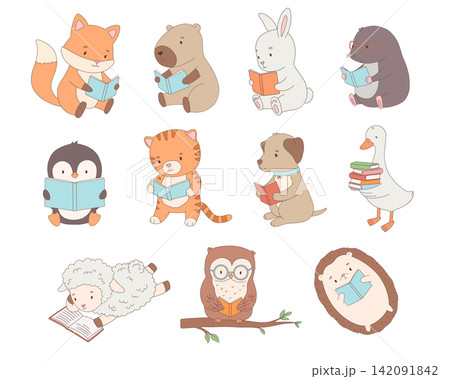 Cute animals reading book, cartoon character for kids. Vector isolated illustration isolated on white background. Fox, capybara and owl on tree branch 142091842